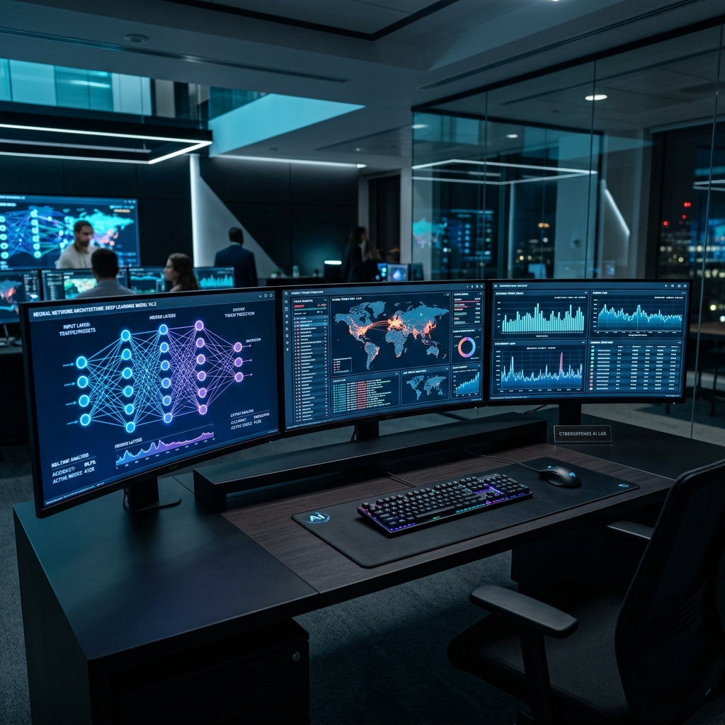 A sleek modern workstation displaying complex artificial intelligence neural network graphs, real-time threat telemetry charts on multiple curved glass displays, high-tech dark minimalist design